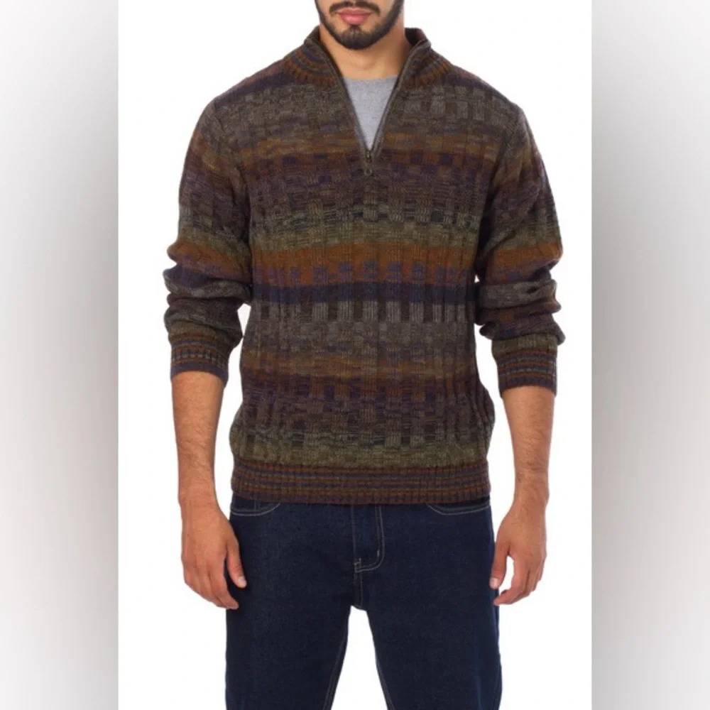 L Novica Peruvian 100% Alpaca Men’s Traveler Stripe Sweater with Zipper